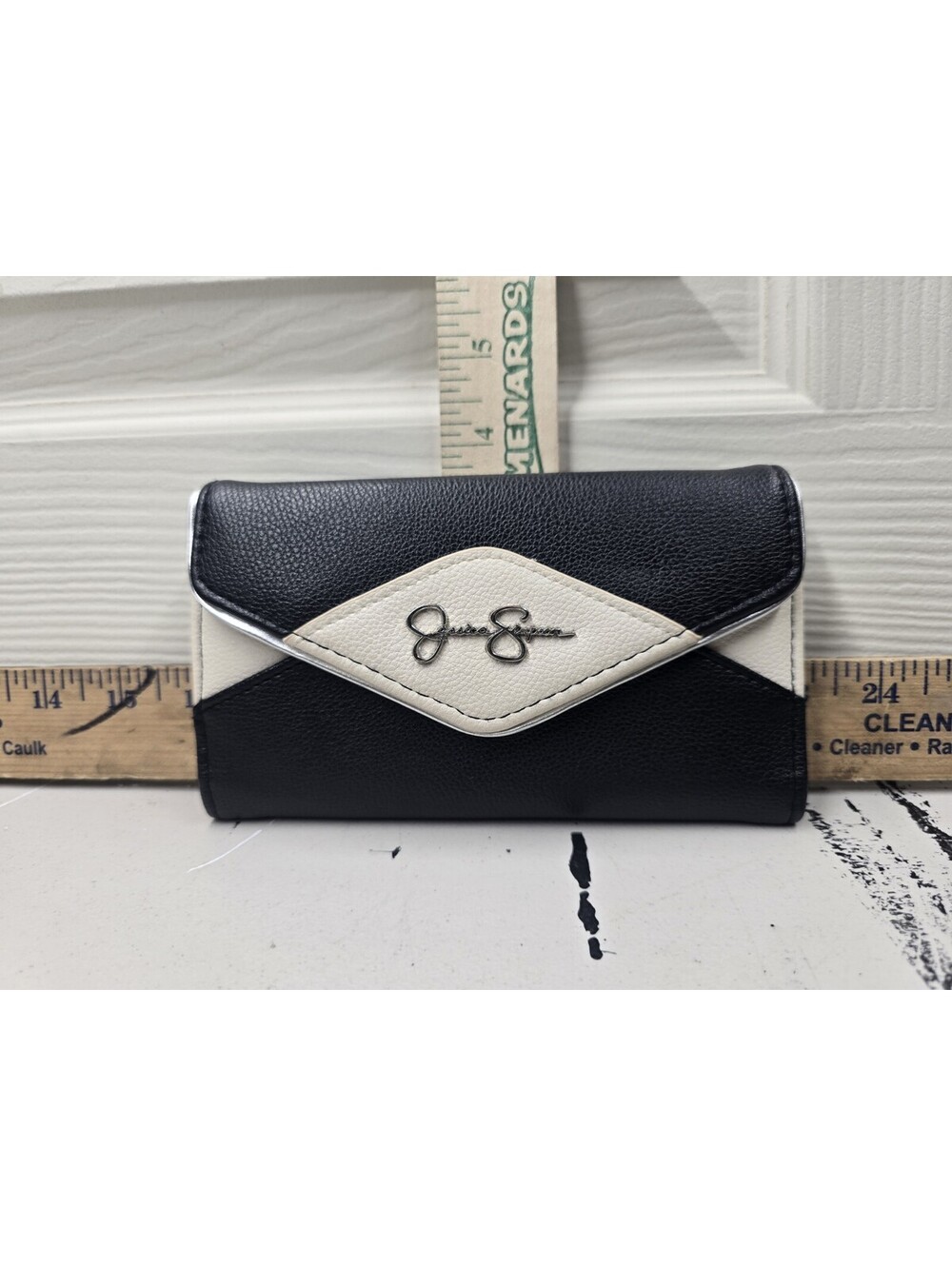 Jessica Simpson Black White Tri Fold Wallet Clutch Faux Leather